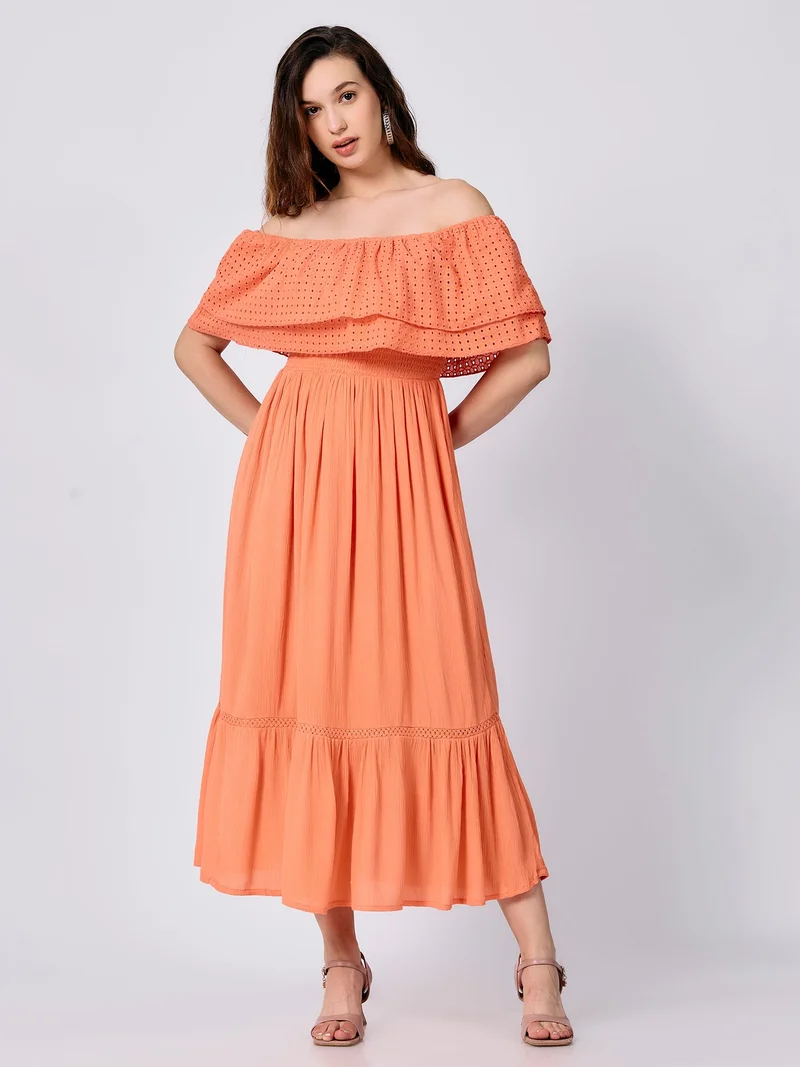 Outzidr  Peach Off Shoulder Tiered Midi Dress for Women | Best Price UAE